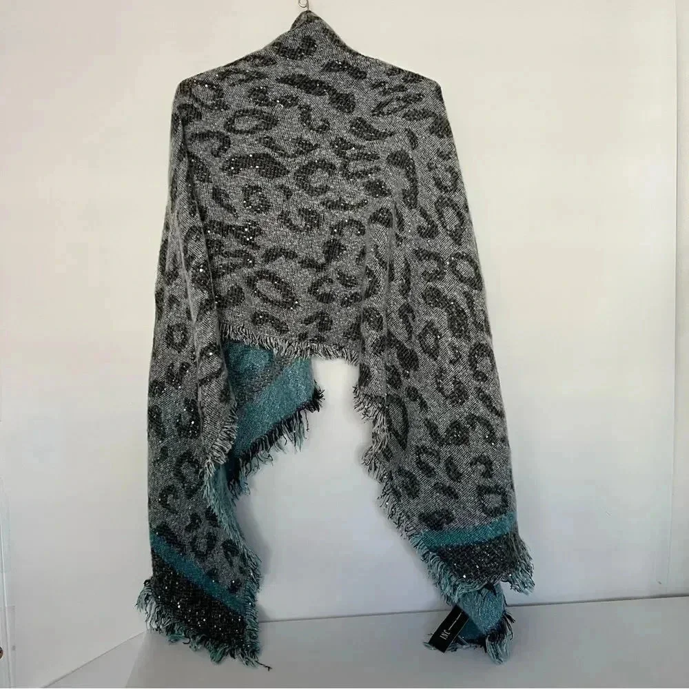 INC International Concepts Leopard Print Sequin Wrap Scarf Gray Black Blue